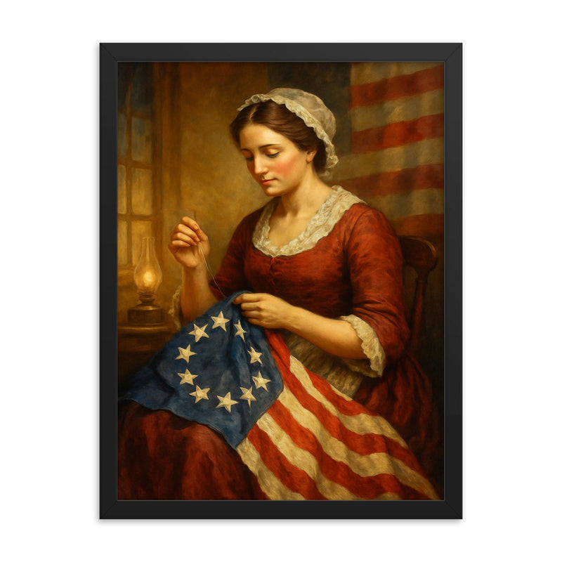 Betsy Ross framed print on a plain backdrop in size 18
