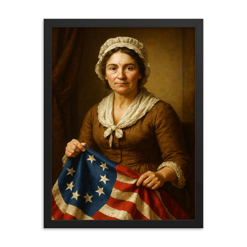 Betsy Ross portrait framed print on a plain backdrop in size 18