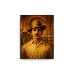 Bhagat Singh in fedora before colonial courtroom canvas print on a plain backdrop in size 12"x16".