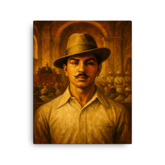 Bhagat Singh in fedora before colonial courtroom canvas print on a plain backdrop in size 16"x20".