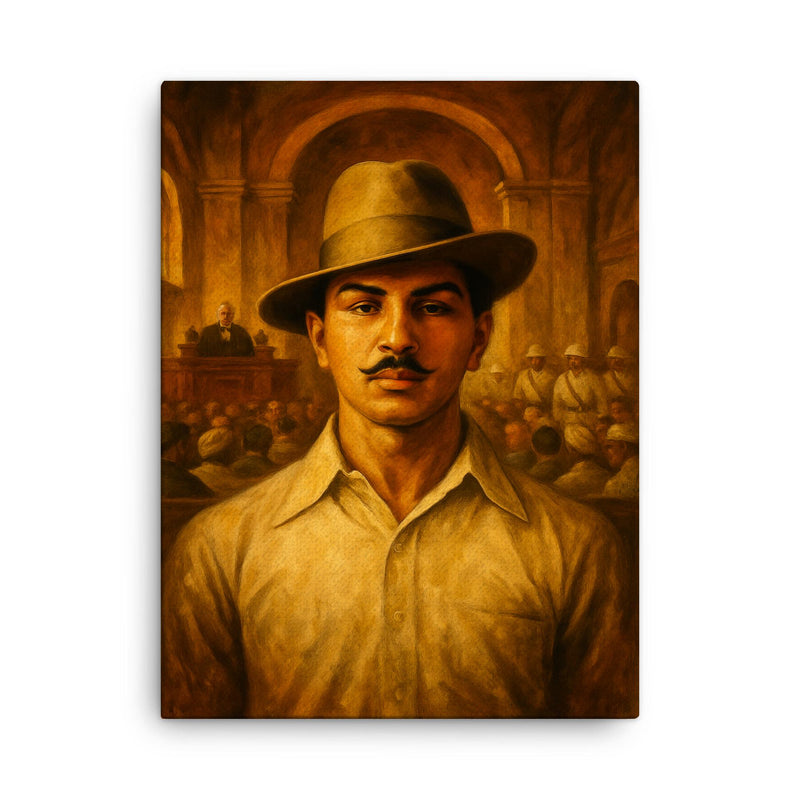 Bhagat Singh in fedora before colonial courtroom canvas print on a plain backdrop in size 18