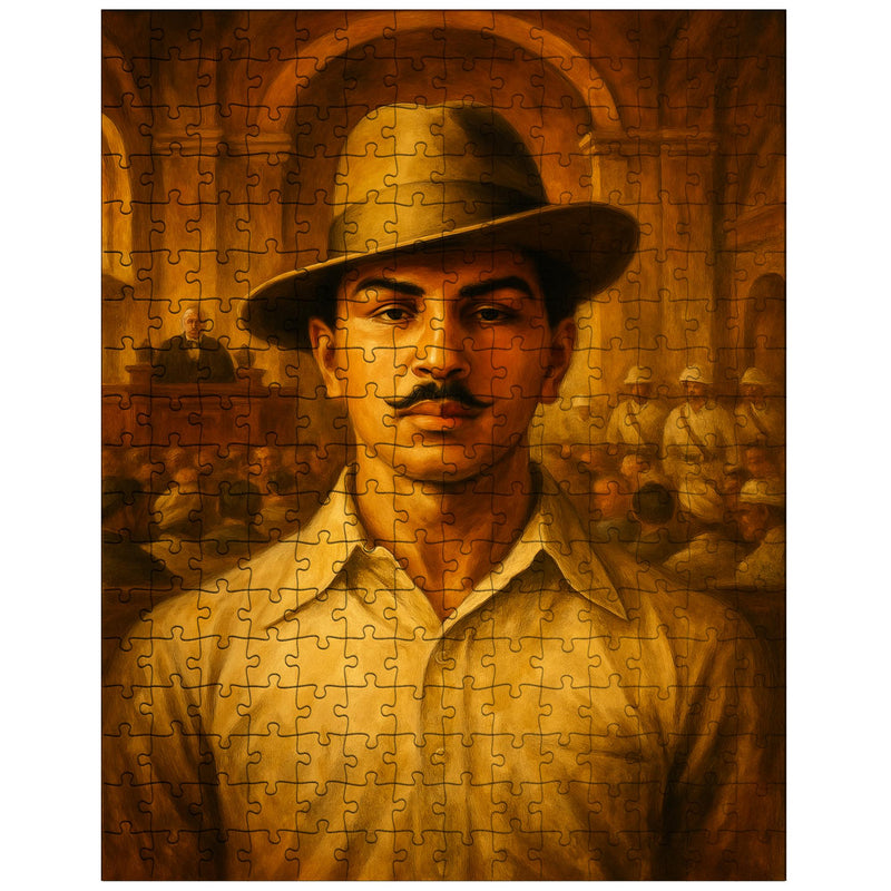 Bhagat Singh in fedora before colonial courtroom jigsaw puzzle