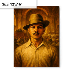 Bhagat Singh in fedora before colonial courtroom metal print on a plain backdrop in size 12"x16".