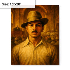 Bhagat Singh in fedora before colonial courtroom metal print on a plain backdrop in size 16"x20".