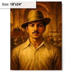 Bhagat Singh in fedora before colonial courtroom metal print on a plain backdrop in size 18"x24".