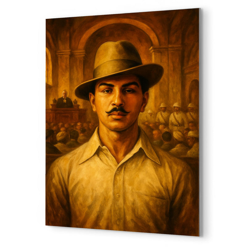 Bhagat Singh in fedora before colonial courtroom metal print mockup