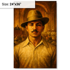 Bhagat Singh in fedora before colonial courtroom metal print on a plain backdrop in size 24"x36".