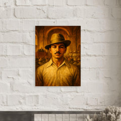 Bhagat Singh in fedora before colonial courtroom metal print mockup