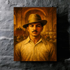 Bhagat Singh in fedora before colonial courtroom metal print mockup