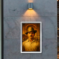 Bhagat Singh in fedora before colonial courtroom poster 2