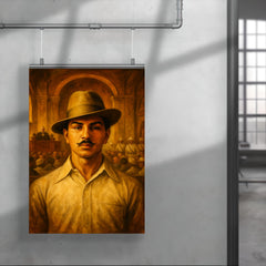 Bhagat Singh in fedora before colonial courtroom poster 4