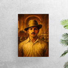 Bhagat Singh in fedora before colonial courtroom poster 7