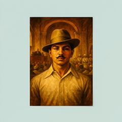 Bhagat Singh in fedora before colonial courtroom poster 8