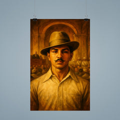 Bhagat Singh in fedora before colonial courtroom poster 9