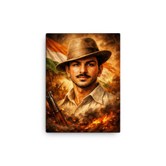 Bhagat Singh in iconic hat and gaze canvas print on a plain backdrop in size 12"x16".