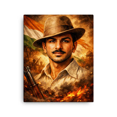 Bhagat Singh in iconic hat and gaze canvas print on a plain backdrop in size 16"x20".