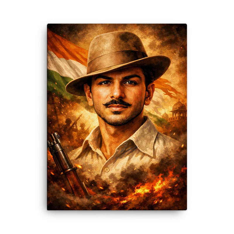 Bhagat Singh in iconic hat and gaze canvas print on a plain backdrop in size 18
