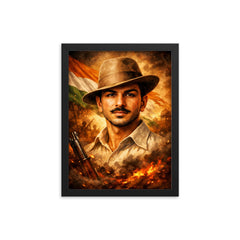 Bhagat Singh in iconic hat and gaze framed print on a plain backdrop in size 12"x16".