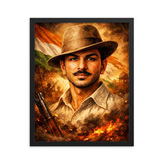 Bhagat Singh in iconic hat and gaze framed print on a plain backdrop in size 16"x20".