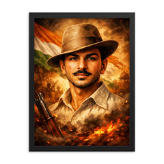 Bhagat Singh in iconic hat and gaze framed print on a plain backdrop in size 18"x24".