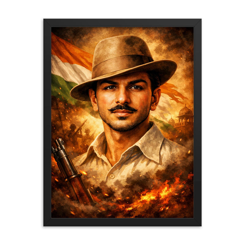Bhagat Singh in iconic hat and gaze framed print on a plain backdrop in size 18