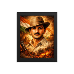 Bhagat Singh in iconic hat and gaze framed print on a plain backdrop in size 8"x10".