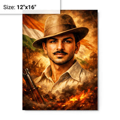 Bhagat Singh in iconic hat and gaze metal print on a plain backdrop in size 12"x16".