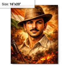Bhagat Singh in iconic hat and gaze metal print on a plain backdrop in size 16"x20".