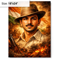 Bhagat Singh in iconic hat and gaze metal print on a plain backdrop in size 18"x24".