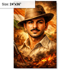 Bhagat Singh in iconic hat and gaze metal print on a plain backdrop in size 24"x36".