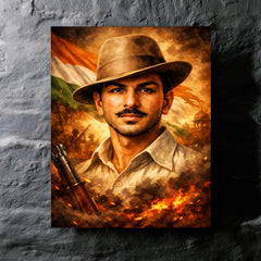 Bhagat Singh in iconic hat and gaze metal print mockup