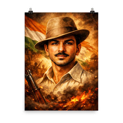 Bhagat Singh in iconic hat and gaze poster on a plain backdrop in size 8"x10".
