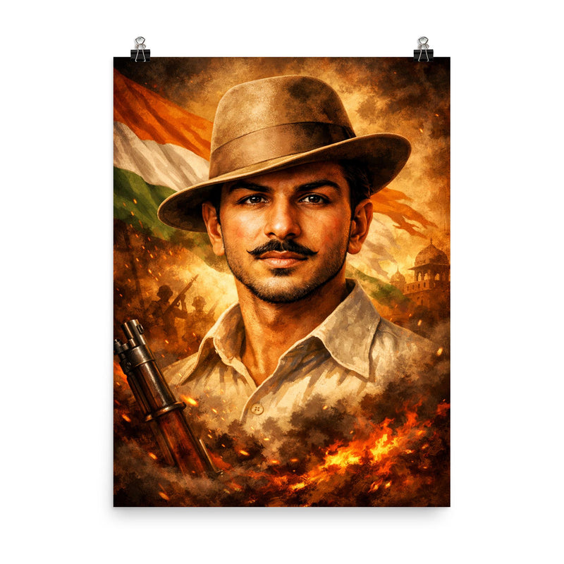 Bhagat Singh in iconic hat and gaze poster on a plain backdrop in size 8