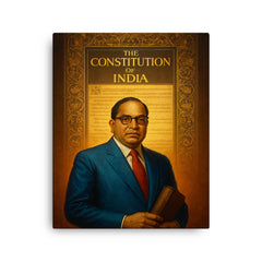 Bhimrao Ambedkar beneath the Indian Constitution draft canvas print on a plain backdrop in size 16"x20".