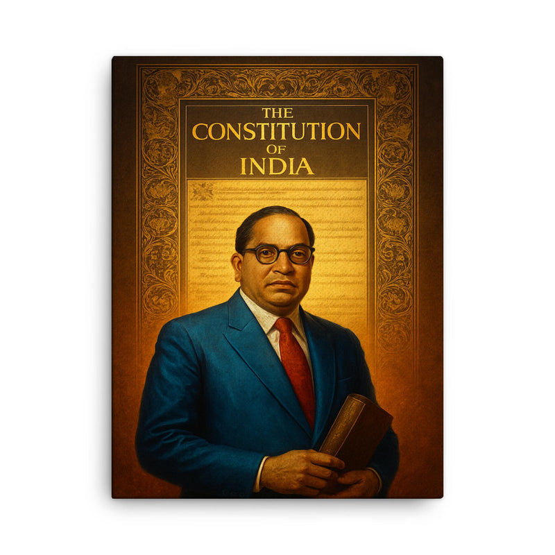 Bhimrao Ambedkar beneath the Indian Constitution draft canvas print on a plain backdrop in size 18