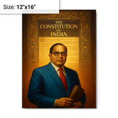 Bhimrao Ambedkar beneath the Indian Constitution draft metal print on a plain backdrop in size 12"x16".