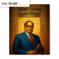 Bhimrao Ambedkar beneath the Indian Constitution draft metal print on a plain backdrop in size 16"x20".