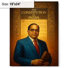 Bhimrao Ambedkar beneath the Indian Constitution draft metal print on a plain backdrop in size 18"x24".