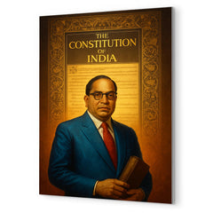Bhimrao Ambedkar beneath the Indian Constitution draft metal print mockup