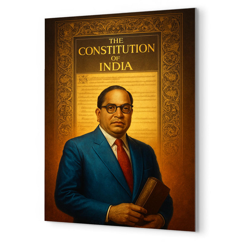 Bhimrao Ambedkar beneath the Indian Constitution draft metal print mockup