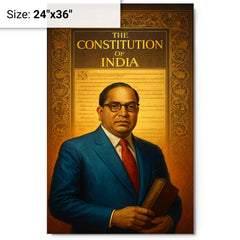 Bhimrao Ambedkar beneath the Indian Constitution draft metal print on a plain backdrop in size 24"x36".