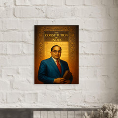 Bhimrao Ambedkar beneath the Indian Constitution draft metal print mockup
