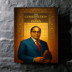 Bhimrao Ambedkar beneath the Indian Constitution draft metal print mockup