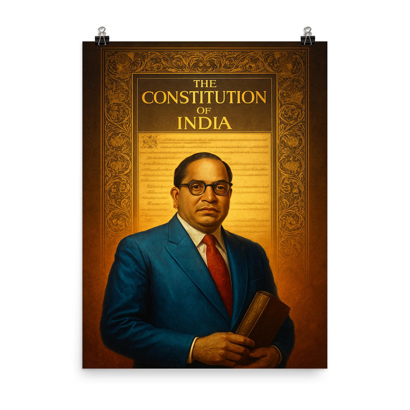 Bhimrao Ambedkar beneath the Indian Constitution draft poster on a plain backdrop in size 8