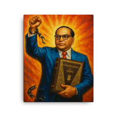 Bhimrao Ambedkar with Constitution and broken caste chains canvas print on a plain backdrop in size 16"x20".