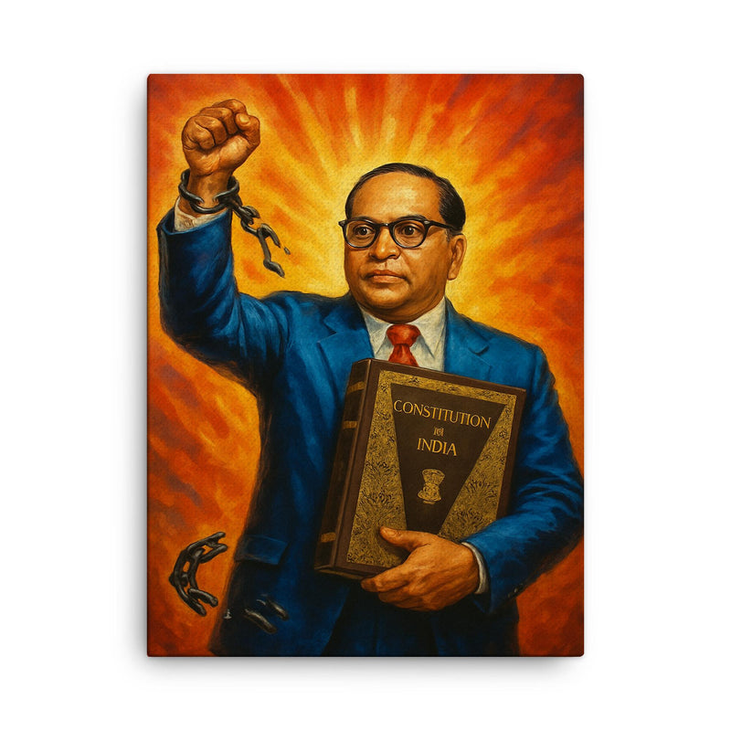 Bhimrao Ambedkar with Constitution and broken caste chains canvas print on a plain backdrop in size 18