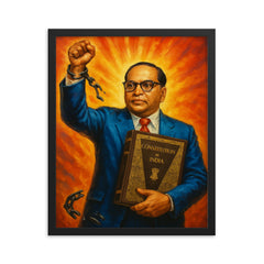 Bhimrao Ambedkar with Constitution and broken caste chains framed print on a plain backdrop in size 16"x20".