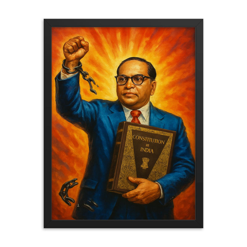 Bhimrao Ambedkar with Constitution and broken caste chains framed print on a plain backdrop in size 18