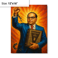 Bhimrao Ambedkar with Constitution and broken caste chains metal print on a plain backdrop in size 12"x16".