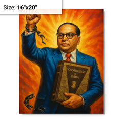 Bhimrao Ambedkar with Constitution and broken caste chains metal print on a plain backdrop in size 16"x20".